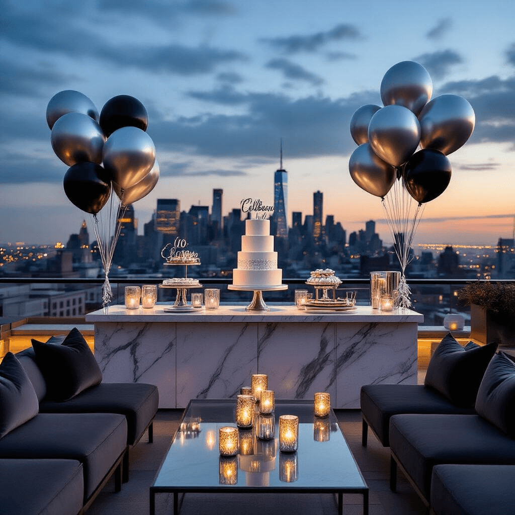 Modern rooftop terrace at twilight featuring a sleek dessert station with a silver anniversary cake, jumbo silver letter balloons against the city skyline, low lounge seating with charcoal velvet cushions, glass coffee tables adorned with silver balloon garlands, and warm candlelight from mercury glass votives, all enhanced by contemporary balloon installations and ethereal fairy lights.