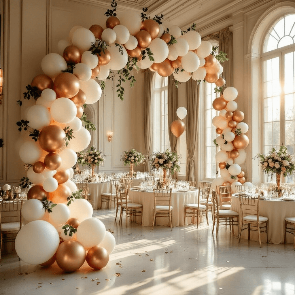 Wide-angle shot of an elegant ballroom adorned with a champagne gold and white balloon arch, round tables with silk ivory linens, and metallic rose gold balloon bouquets, all illuminated by soft sunlight through tall windows, creating a luxurious and intimate atmosphere for a 50th birthday celebration.