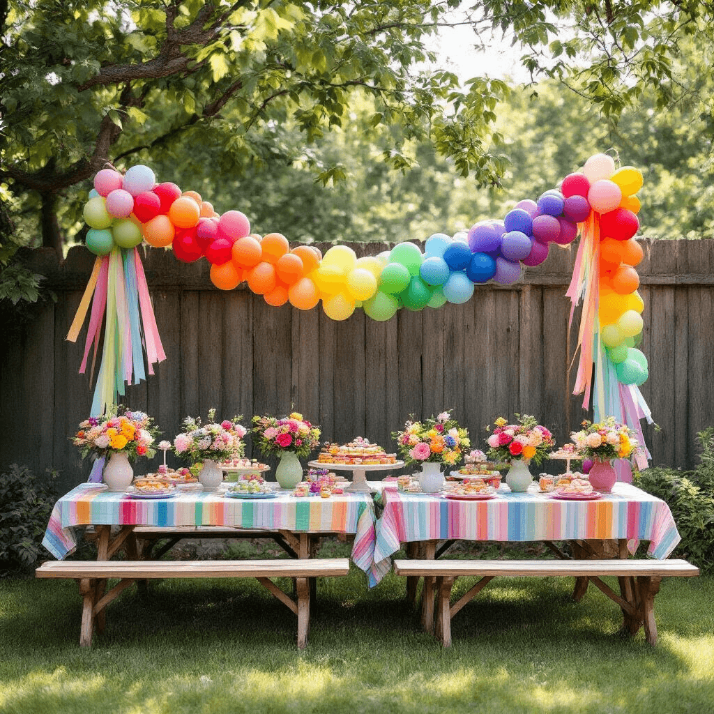 Overhead view of a whimsical garden party setup with a rainbow balloon garland along a wooden fence, colorful striped picnic tables adorned with jewel-toned balloon bouquets and fresh flowers, while DIY balloon flowers and pastel streamers add charm under soft morning light filtering through trees.
