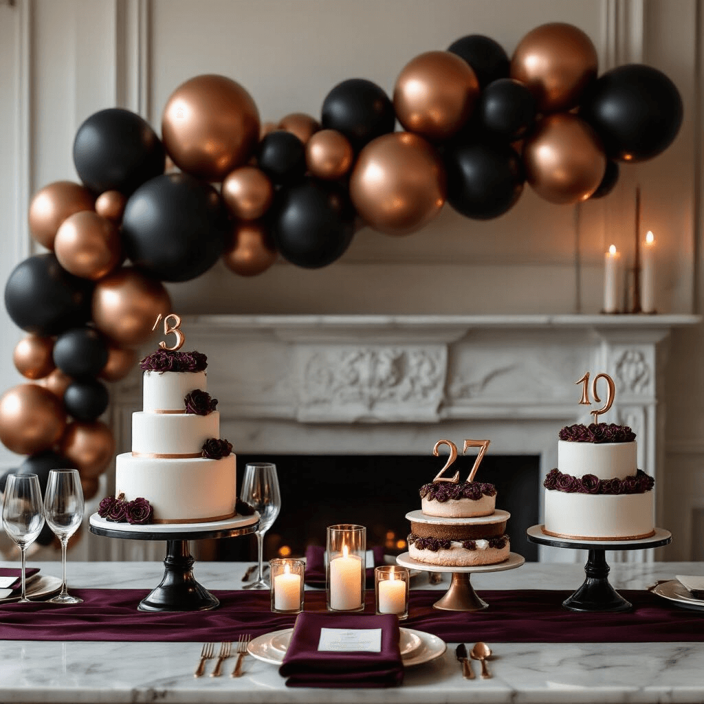 Intimate dining nook illuminated by candlelight, featuring sophisticated midnight copper and matte black balloon decorations, a delicate balloon garland on a marble mantel, tiered birthday cake displays framed by balloon clusters, and elegant place settings with deep burgundy silk runners arranged around low balloon centerpieces.