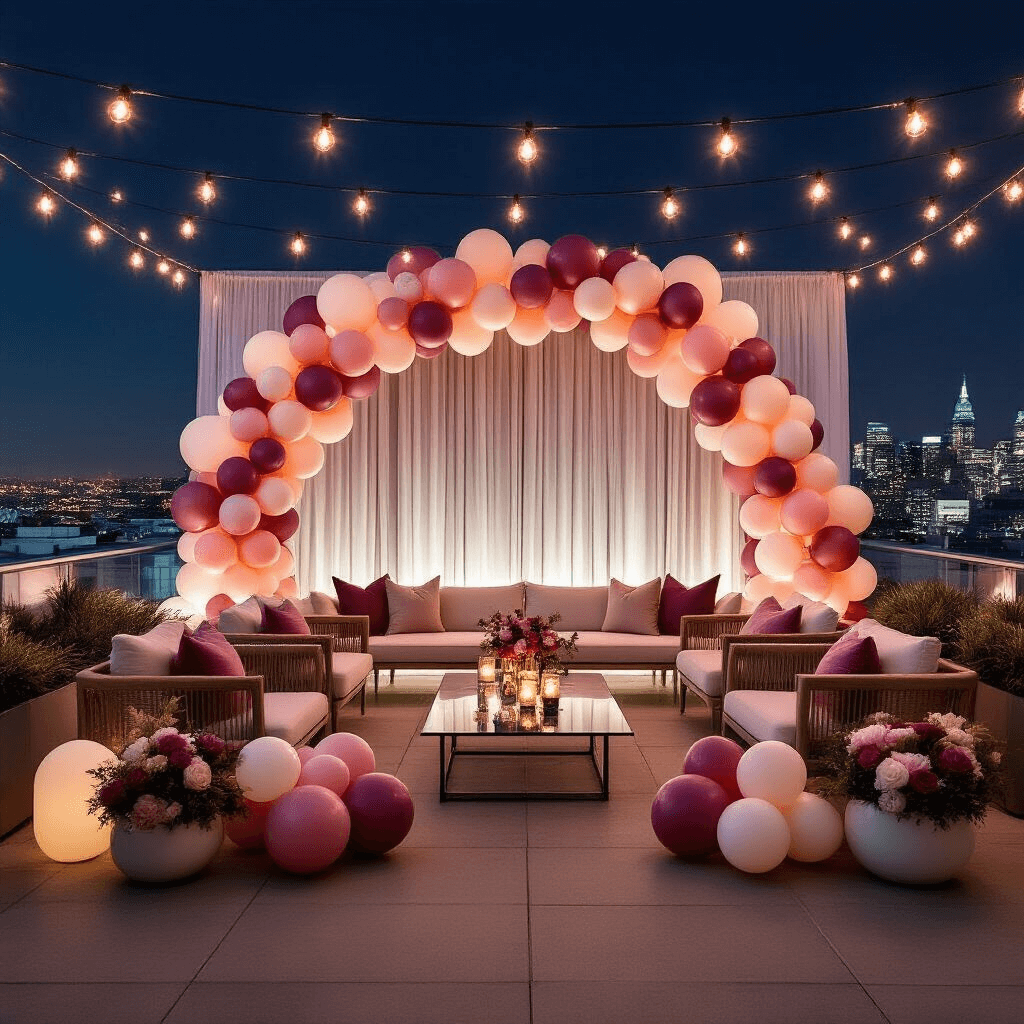 A modern rooftop terrace illuminated by fairy lights, featuring a berry blush and cream balloon arch, contemporary seating arrangements, and balloon bouquets, with an urban skyline in the background.