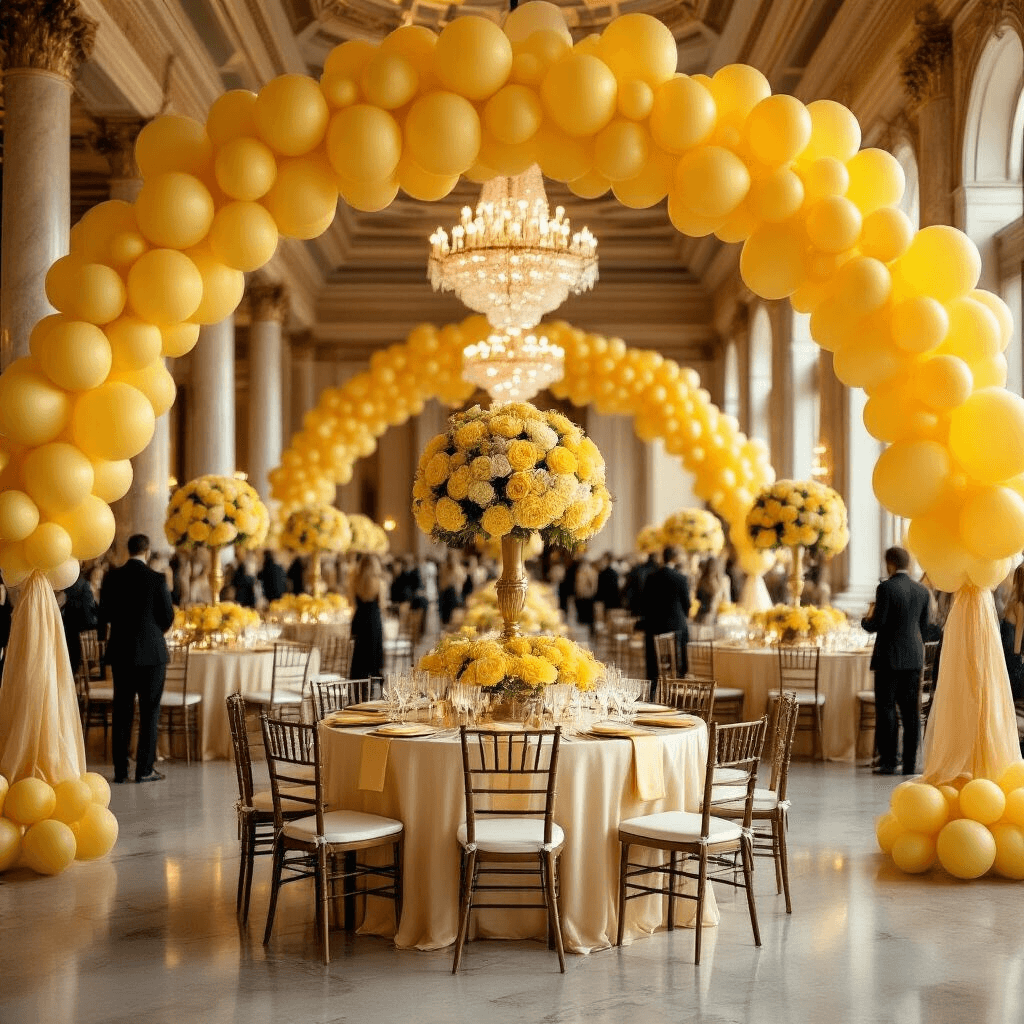 An elegant indoor ballroom decorated for a yellow-themed celebration, featuring round tables with cream silk linens, towering floral centerpieces, cascading yellow balloons from a balloon arch, crystal chandeliers casting warm light, and guests in formal attire mingling beneath the decor.