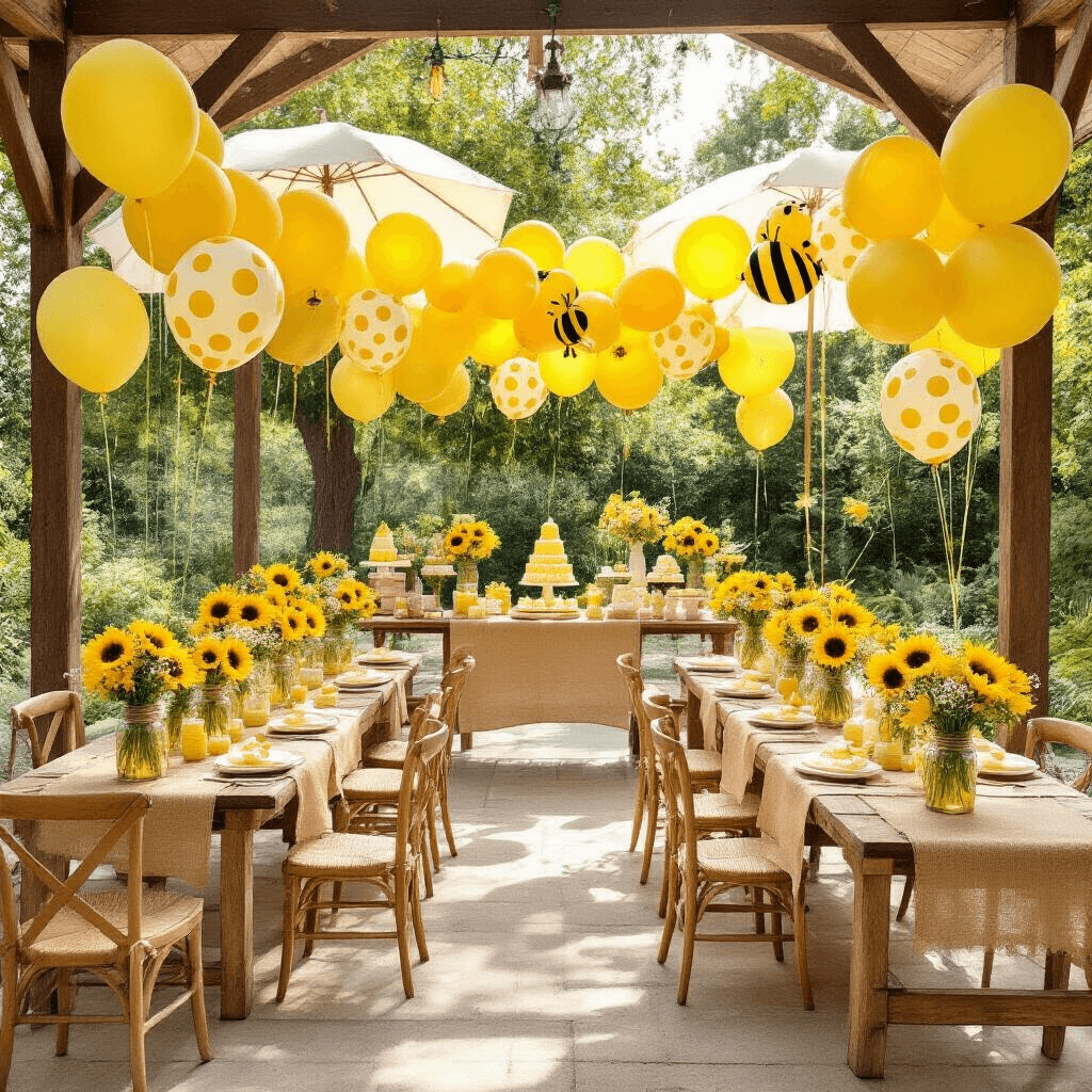 Whimsical sunflower-themed baby shower setup in a garden pavilion, featuring burlap table runners, mason jar centerpieces with sunflowers, yellow and gold balloon garlands, vintage high chairs, and a dessert station with honey-themed treats, all bathed in soft morning light.