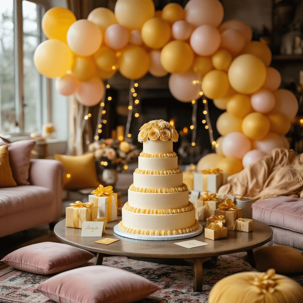 Close-up of a cozy living room birthday celebration featuring a low coffee table with blush pink velvet cushions on Persian rugs, adorned with a balloon arrangement of mustard yellow and cream balloons, a three-tier vanilla cake with yellow buttercream roses, glowing string lights, and elegant amber silk scarves.