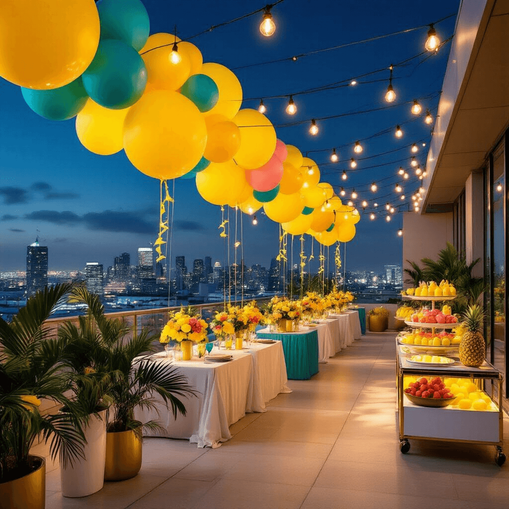 Tropical rooftop terrace celebration at night featuring vibrant yellow balloon installations, modern geometric planters with palm fronds, tables with yellow and turquoise balloon centerpieces and tropical flowers, string bistro lights, and a dessert cart decorated with pineapple-shaped balloons against a city skyline.