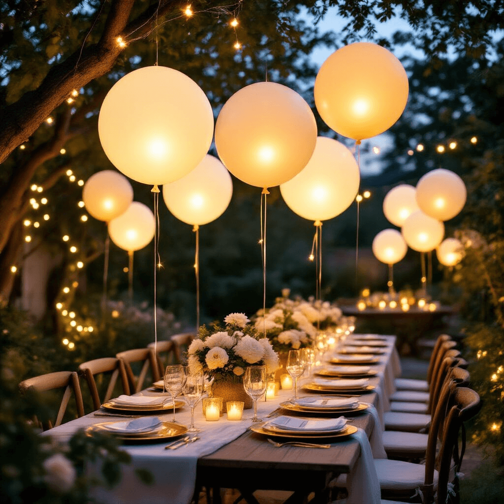 Wide-angle shot of an enchanting evening garden party at golden hour, featuring soft white and warm gold LED balloons arranged around a beautifully set table with white linens and gold charger plates, illuminated by fairy lights in tree branches against a dusky blue sky.