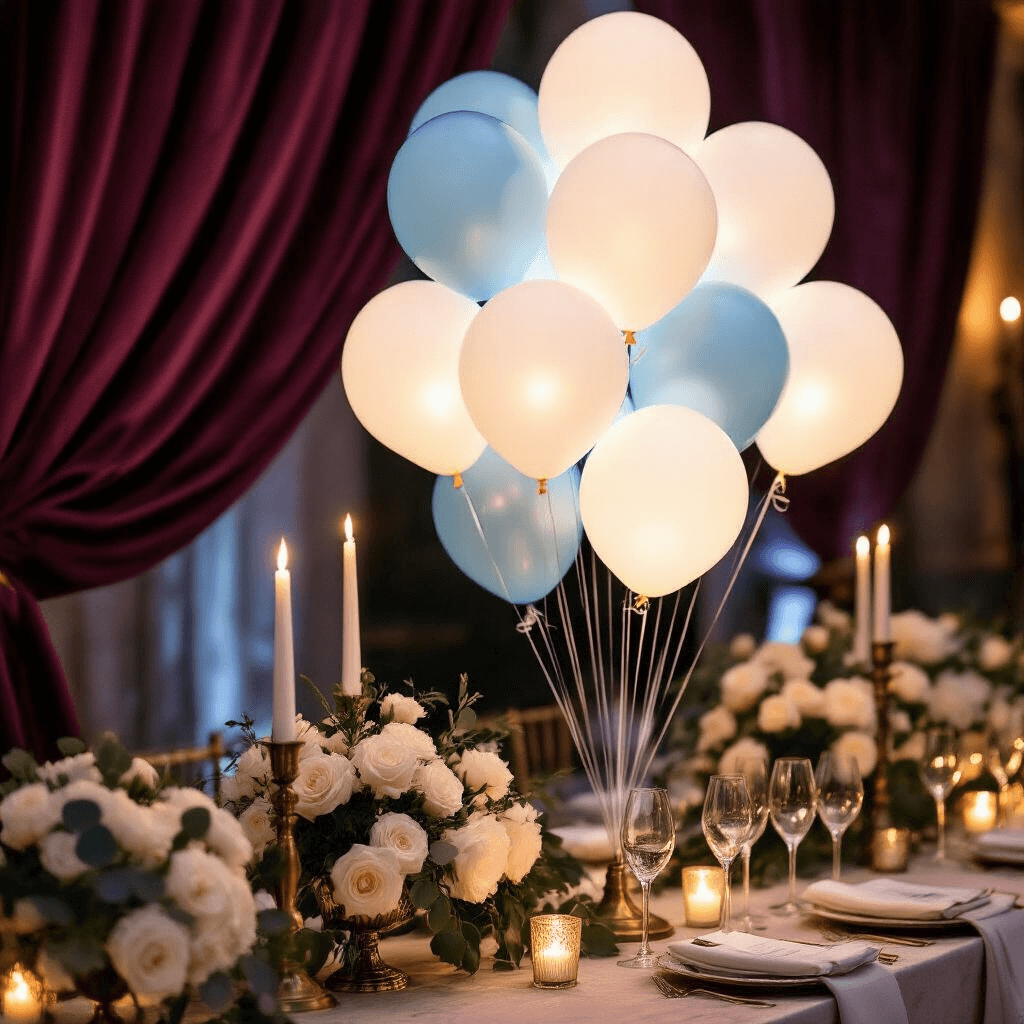 Close-up of a romantic wedding reception corner featuring ethereal white and soft blue LED balloons on vintage brass stands, surrounded by rich burgundy velvet draping and marble-topped tables adorned with white roses and eucalyptus, illuminated by flickering candles and elegant silk table runners.