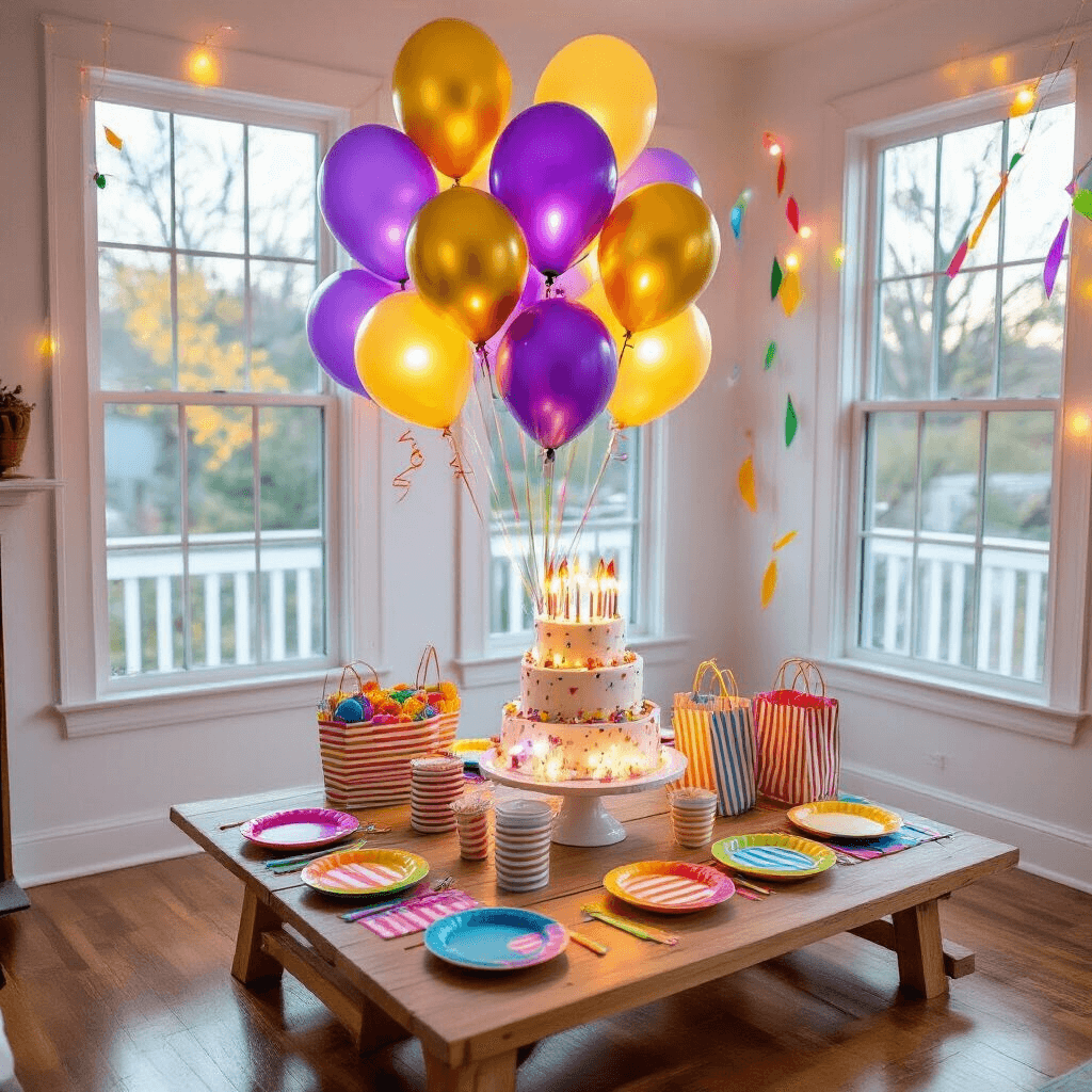 Overhead view of a cozy living room birthday party setup for children, featuring vibrant LED balloons, a low picnic-style table with colorful plates and striped napkins, a whimsical three-tiered cake, rainbow streamers, and handmade party favor bags, illuminated by natural light and glowing balloon accents.