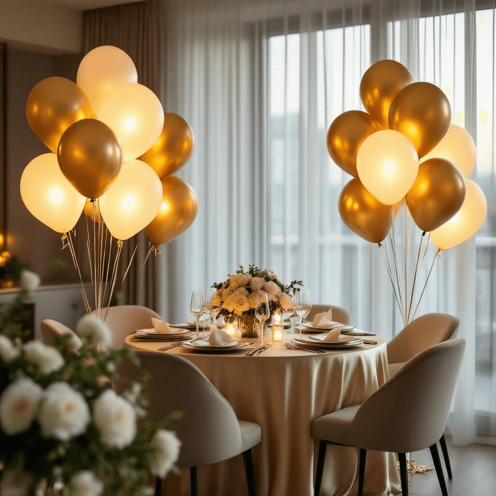 Cinematic wide shot of a sophisticated 30th anniversary dinner in a modern apartment, featuring elegant balloon bouquets and a beautifully arranged dining table with champagne silk linens, fine china, and crystal stemware, illuminated by warm ambient lighting from LED balloons.