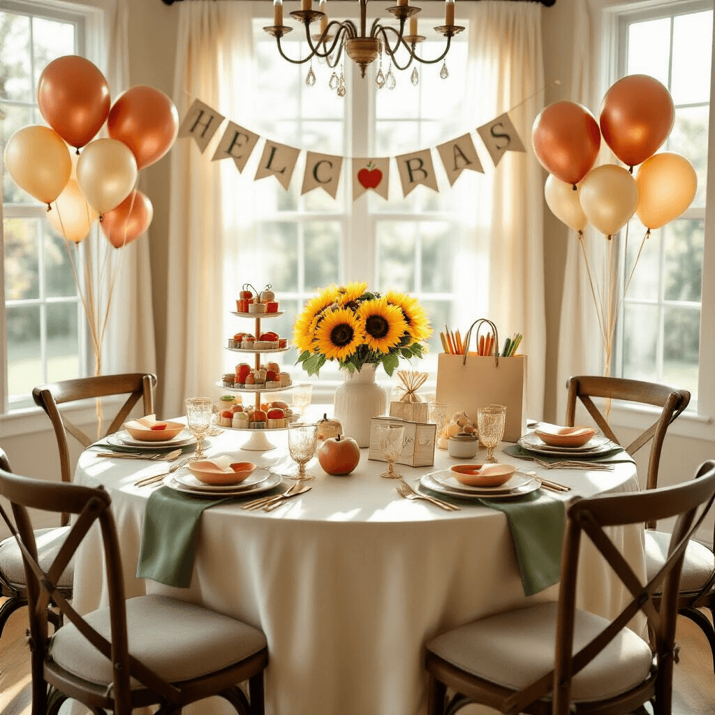A beautifully set dining table for a back-to-school breakfast celebration, featuring cream silk linens, sage green runners, golden pencil-shaped balloons, apple-themed foil balloons, sunflower centerpieces, and elegant place settings, all bathed in soft morning light.