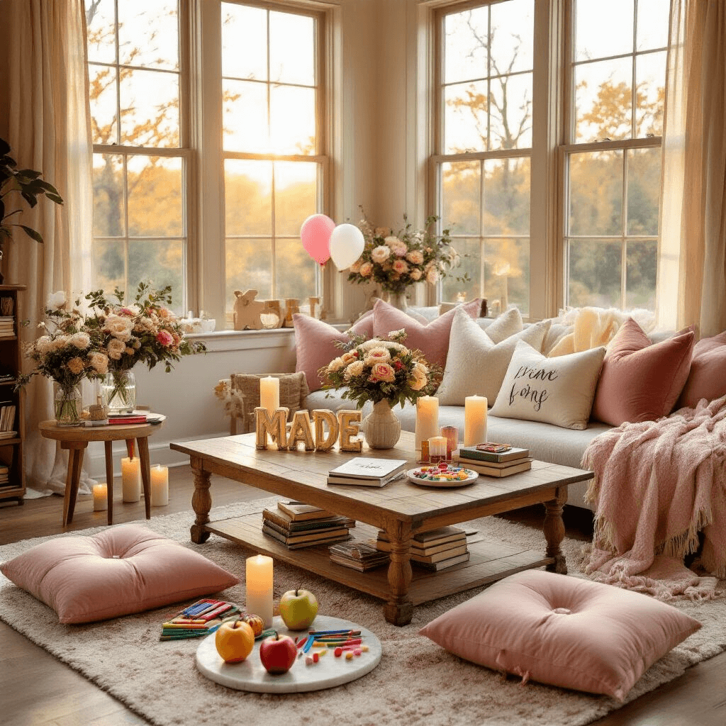 Overhead view of a cozy back-to-school photo setup featuring letter balloons, floor cushions, scattered school supplies, celebratory treats on marble trays, and soft candlelight, all adorned with floral arrangements and custom party favors.
