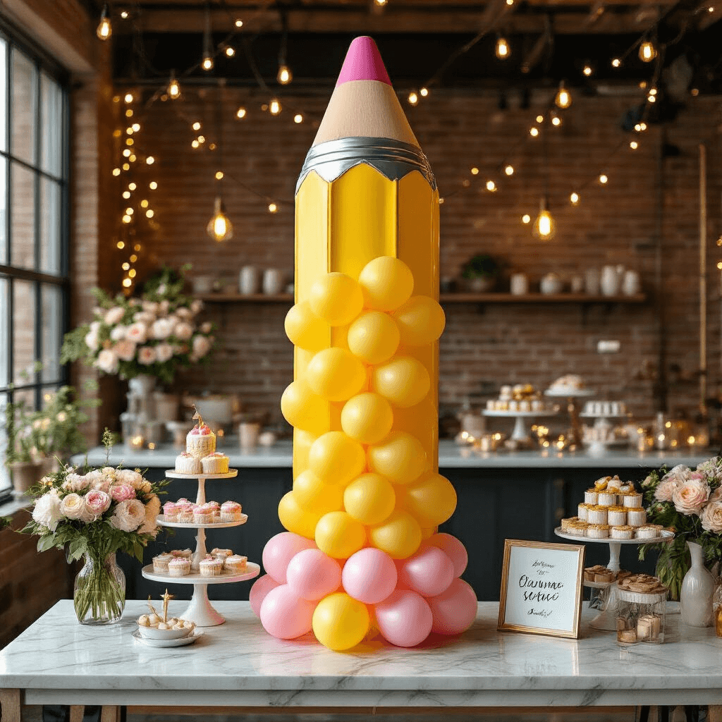 Elaborate balloon installation featuring a giant pencil design with pink eraser and cascading yellow balloons, set in a candlelit modern apartment with exposed brick walls. Surrounding decor includes marble countertops with tiered school-themed desserts, gold and ivory balloon bouquets, and elegant signage. Twinkling fairy lights and layered textiles enhance the luxurious yet playful ambiance, complemented by fresh florals in glass vases.