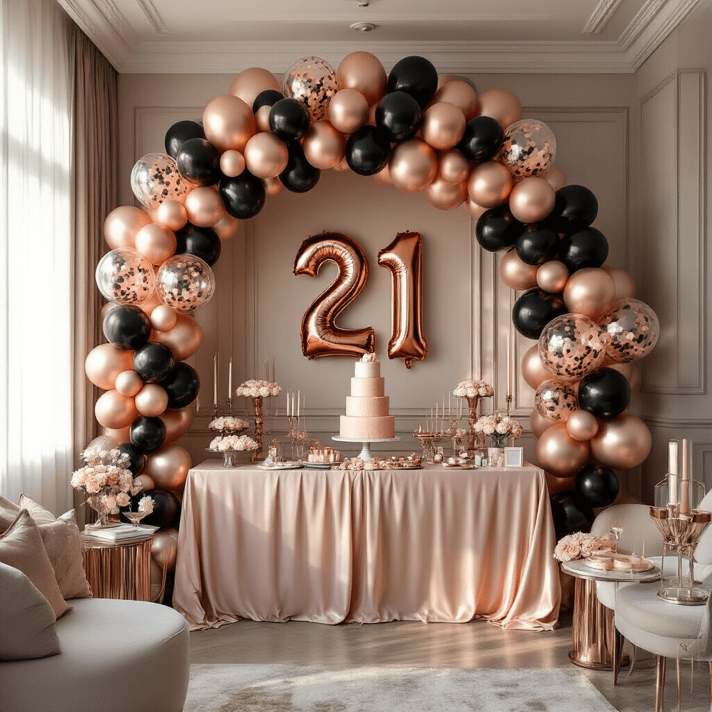 A sophisticated 21st birthday party scene in a modern apartment, featuring a rose gold and black balloon arch, an elegant dessert table with varied balloon heights, blush pink silk linens, crystal glassware, and soft golden hour lighting streaming through large windows.