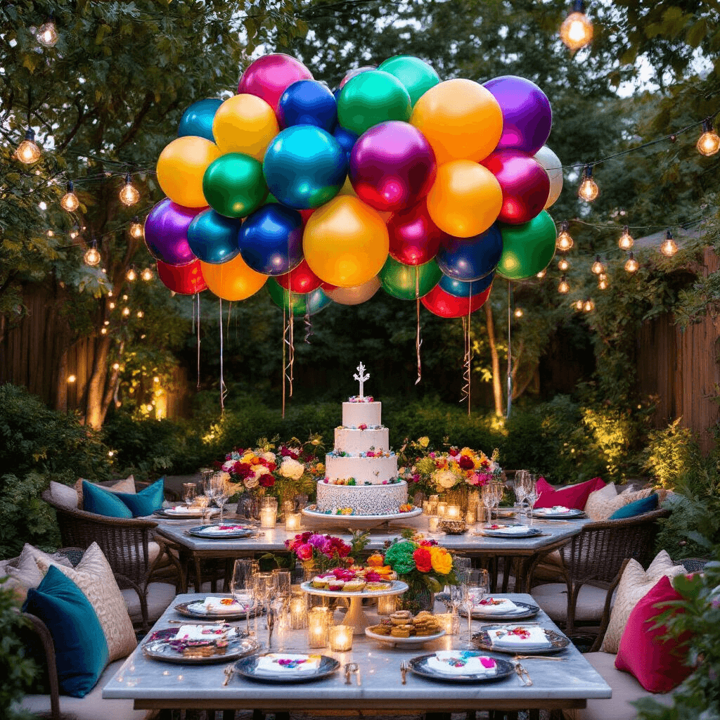 A vibrant 21st birthday celebration in a stylish backyard garden, featuring a bold rainbow balloon display, oversized jewel-toned balloons, a stunning dessert table, and warm ambient lighting from fairy lights, all captured in a cinematic overhead shot.
