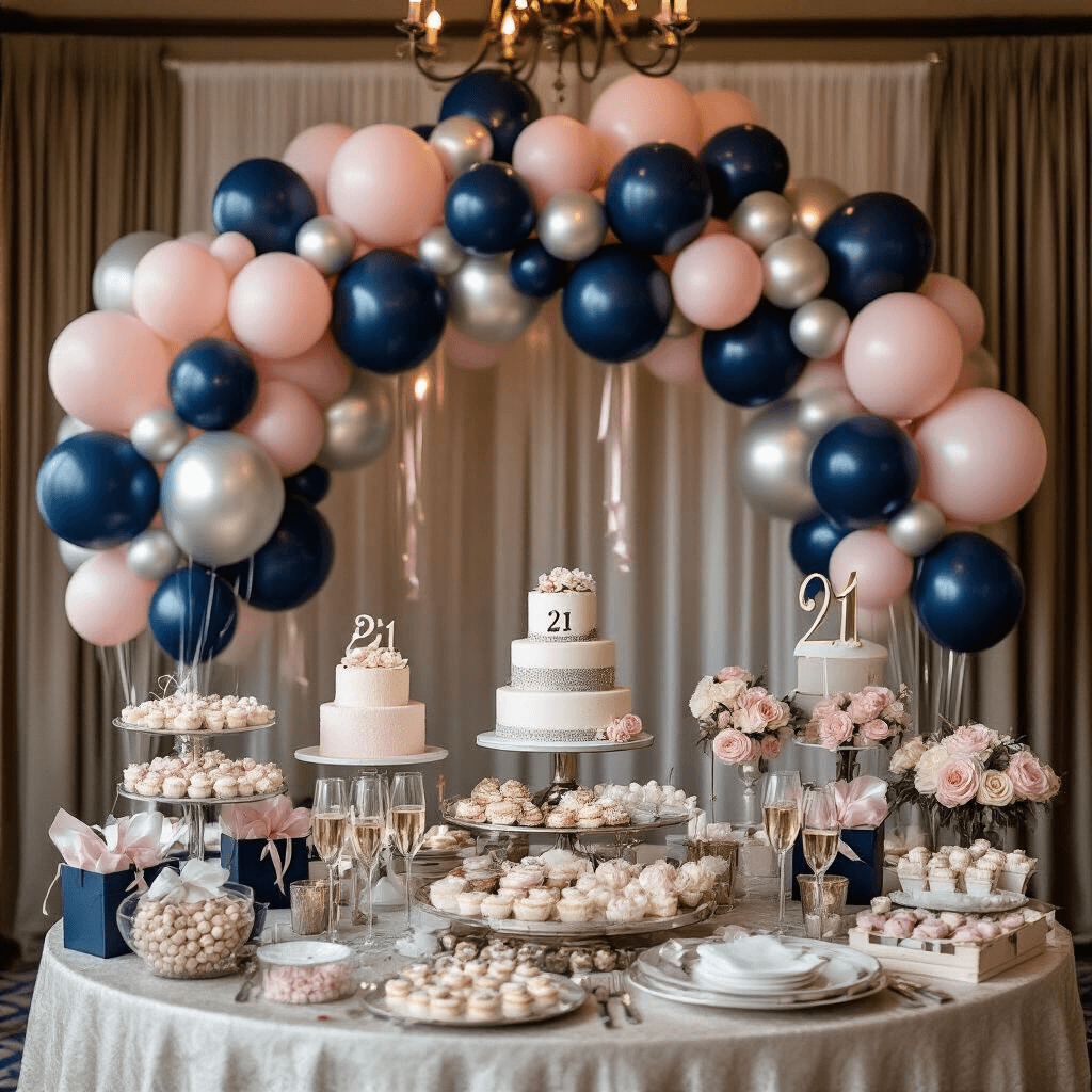 A cozy indoor ballroom adorned with an elegant navy, silver, and blush pink balloon arrangement for a 21st birthday gathering, featuring a luxurious dessert cart centerpiece, silk table linens, crystal champagne flutes, and a softly lit atmosphere created by candlelight and uplighting.