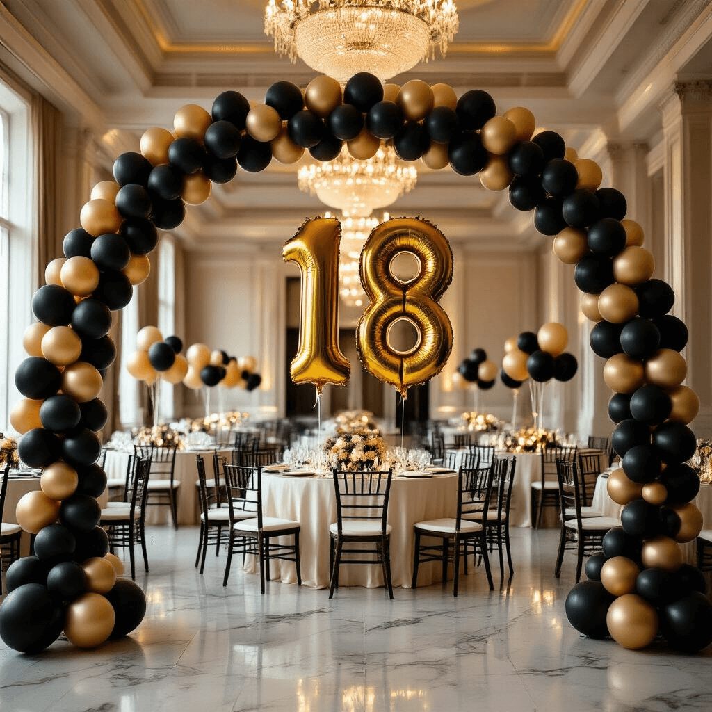 Wide-angle shot of an elegant indoor ballroom at golden hour, featuring a 10-foot black and gold balloon garland arch with oversized '18' foil balloons, round tables with ivory silk linens, sophisticated balloon bouquet centerpieces, and ambient lighting from crystal chandeliers and string lights.