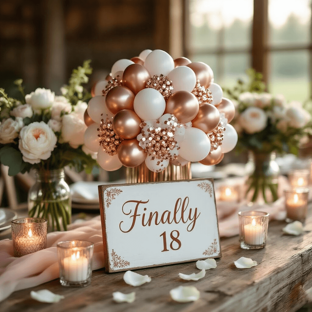 Close-up of a whimsical rose gold and white balloon flower centerpiece on a rustic wooden farmhouse table, surrounded by flickering candle votives, sheer blush pink runners, rose petals, and a 'Finally 18' sign, all illuminated by soft morning light.