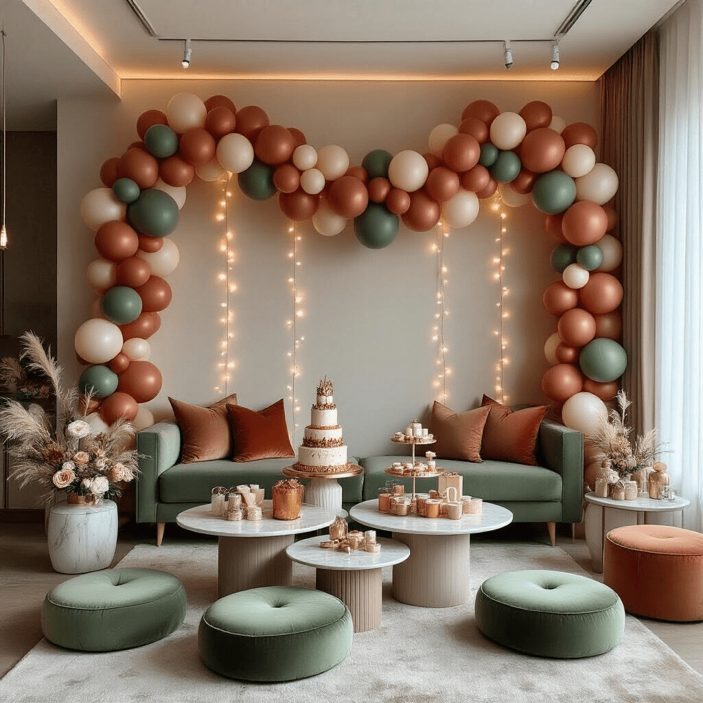 Overhead view of a modern apartment living room decorated for an 18th birthday celebration, featuring a terracotta and sage green balloon garland, low marble coffee tables with balloon bouquets and gift displays, sage velvet floor cushions, sheer drapery, string lights, and visible craft supplies at the edges.