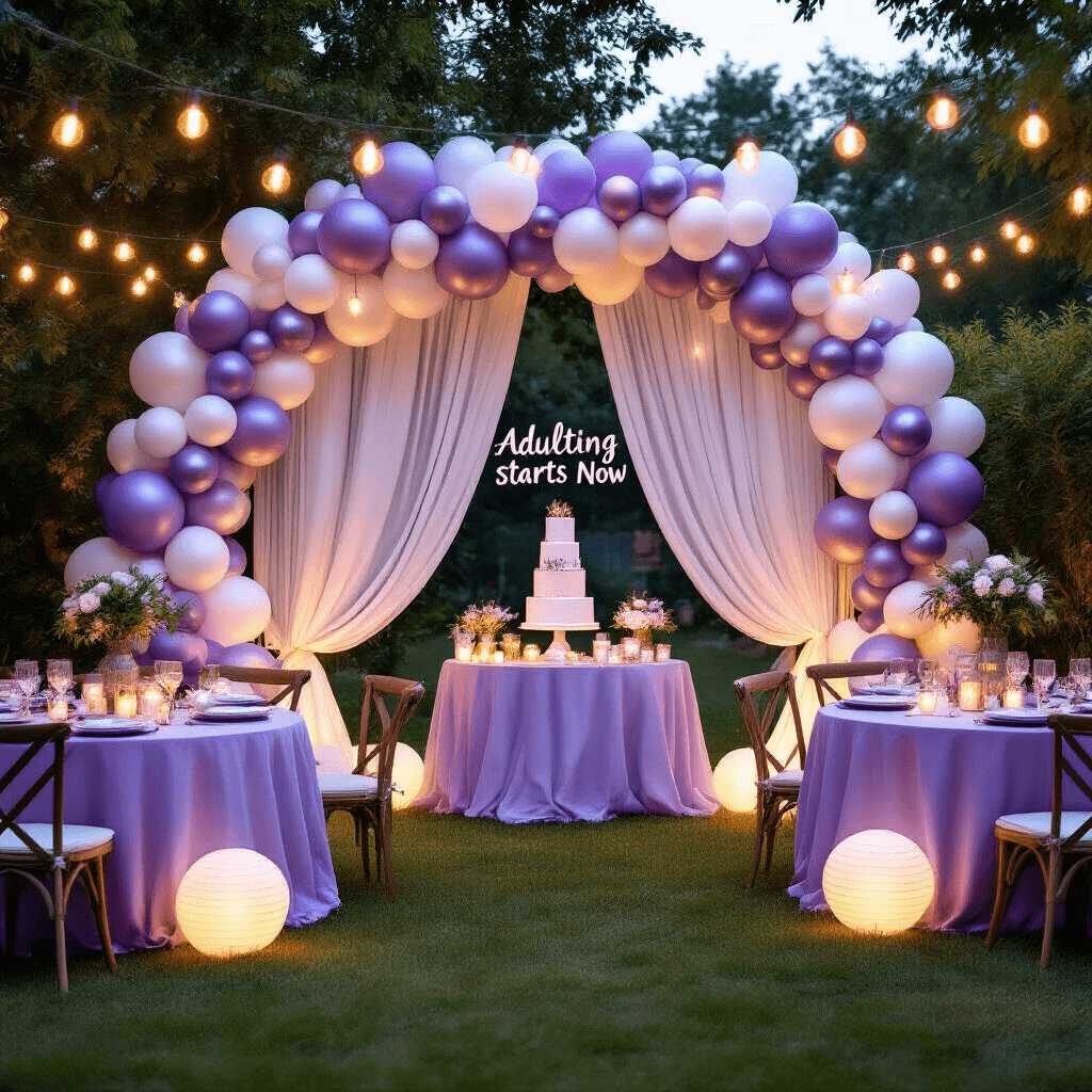 A beautifully styled backyard garden party setup at night, featuring a balloon arch, round lavender linen-covered tables with greenery centerpieces, a dessert station with a tiered cake, and magical lighting from paper lanterns and cafe lights.