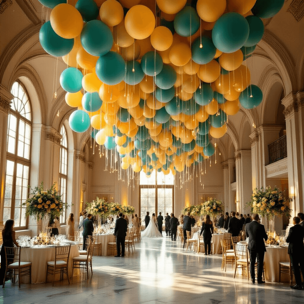 Elegant indoor ballroom featuring an eco-friendly balloon installation with cascading teal and mustard yellow balloons, illuminated by LED lights. Round tables with silk ivory linens sit beneath floating balloon canopies, while warm golden hour light streams through arched windows, casting shadows on marble floors. Guests in formal attire interact with the organic, asymmetrical clusters of matte finish balloons woven with eucalyptus and roses, amidst rose gold accents and fairy lights creating a magical atmosphere.