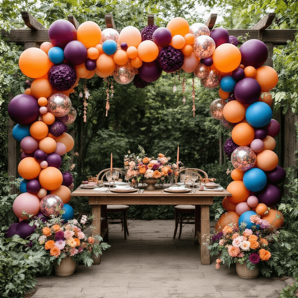 Overhead view of a vibrant garden party setup with a rustic wooden table surrounded by colorful balloon installations in deep plum, vibrant orange, and electric blue, along with fresh florals and eucalyptus garlands. Biodegradable and metallic balloons feature custom hashtags, while blush pink linens and ceramic place settings complement the scene. Battery-operated LED strips illuminate the arrangement, and guests interact with a balloon wall containing hidden messages, all beneath a floating dessert cart.