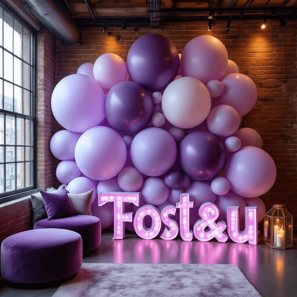 Close-up of a sophisticated monochromatic balloon installation in a modern apartment, featuring six shades of lavender balloons against exposed brick walls, oversized matte finish balloons, embossed pattern details, and dynamic projection mapping, complemented by candlelight and UV lighting, with velvet cushions and marble countertops creating a cozy yet luxurious ambiance.