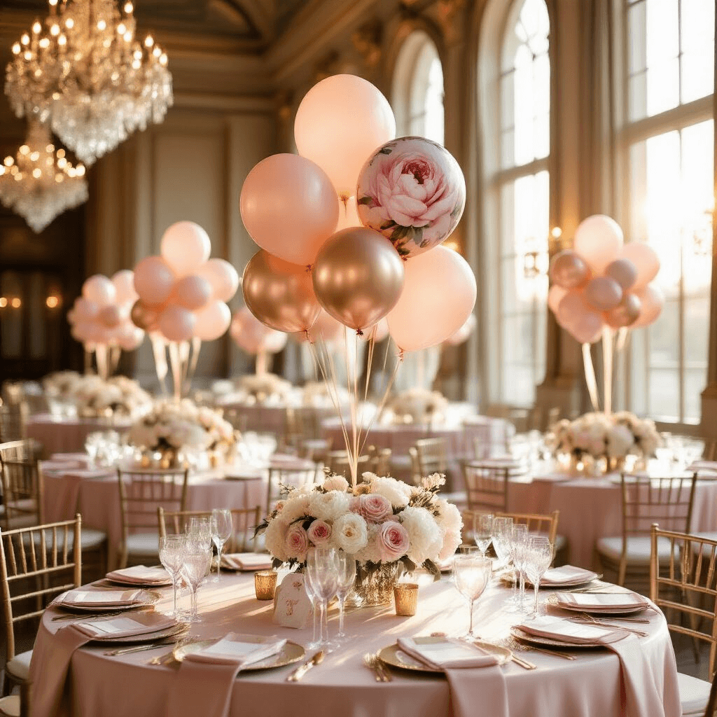 A luxurious Mother's Day celebration in an elegant ballroom, featuring blush pink silk table linens, tiered floral balloon arrangements, crystal vases with white peonies and roses, and warm sunlight streaming through tall windows, all set against a backdrop of soaring ceilings and crystal chandeliers.