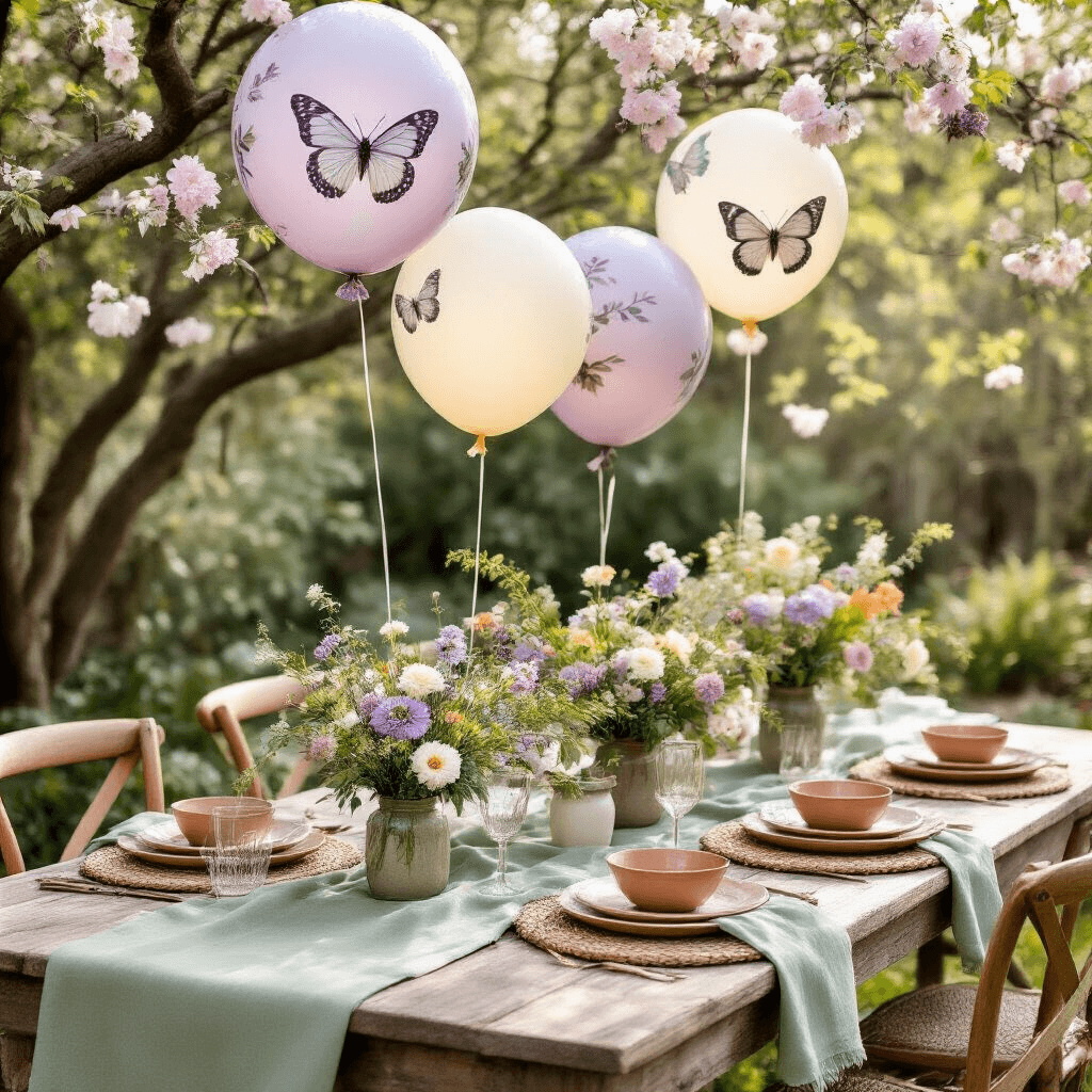 An elegantly styled Mother's Day brunch in a cozy garden featuring a rustic wooden table adorned with sage green linens, terracotta dishes, and low floral arrangements in mason jars, complemented by butterfly-printed balloons and personal touches like handwritten menu cards and a photo display.