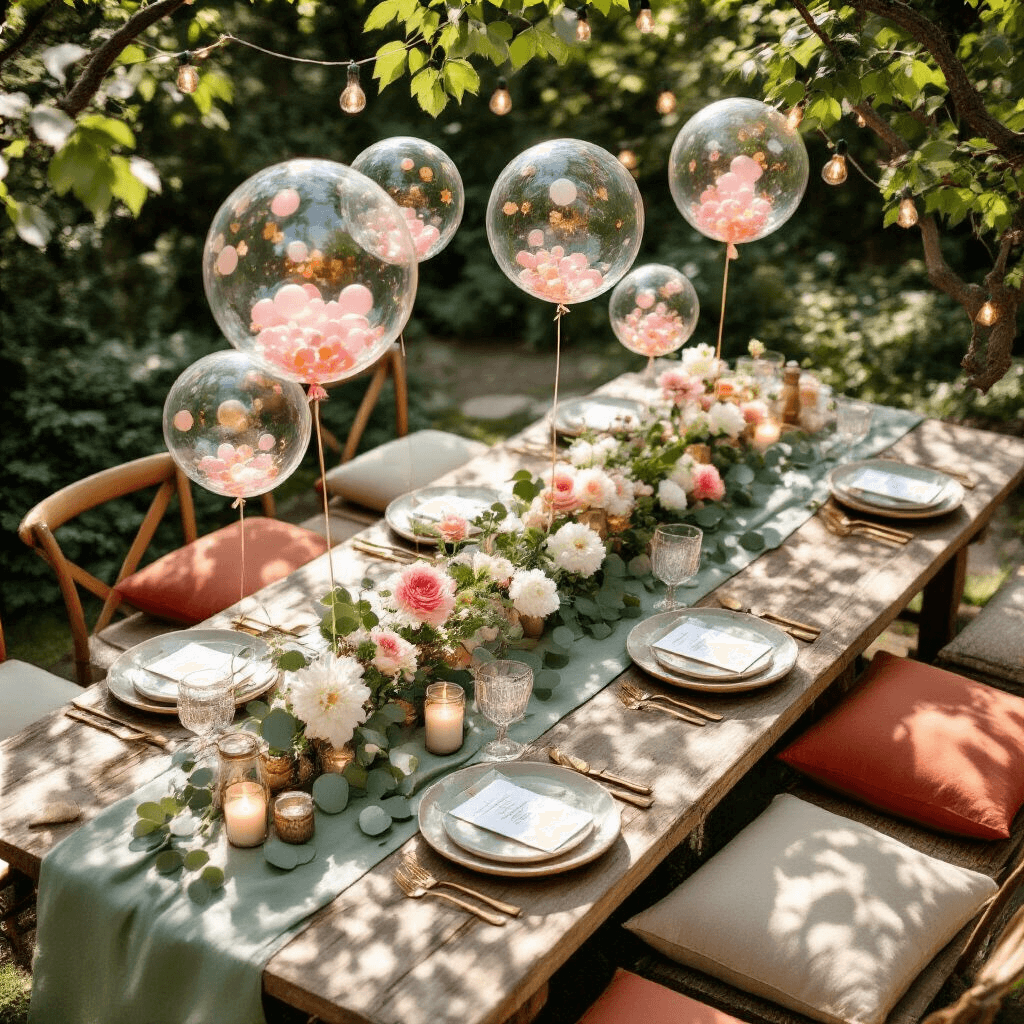 An intimate garden party setup featuring rustic wooden tables with sage green linen runners, surrounded by terracotta and cream floor cushions. Clear bubble balloons filled with pink and gold confetti float above elegant place settings adorned with fresh eucalyptus and white peonies. Mason jar candles and fairy lights hang between tree branches, with dappled sunlight filtering through leaves, enhancing the romantic atmosphere. Vintage brass cutlery and personalized kraft paper place cards add to the organic aesthetic.