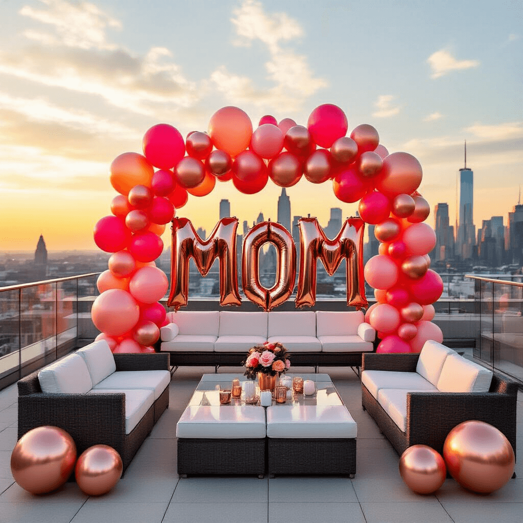 A modern rooftop terrace decorated for Mother's Day with city skyline views, featuring sleek furniture, rose gold and hot pink balloon arrangements, large 'MOM' number balloons, LED string lights, and minimalist floral arrangements of hibiscus.