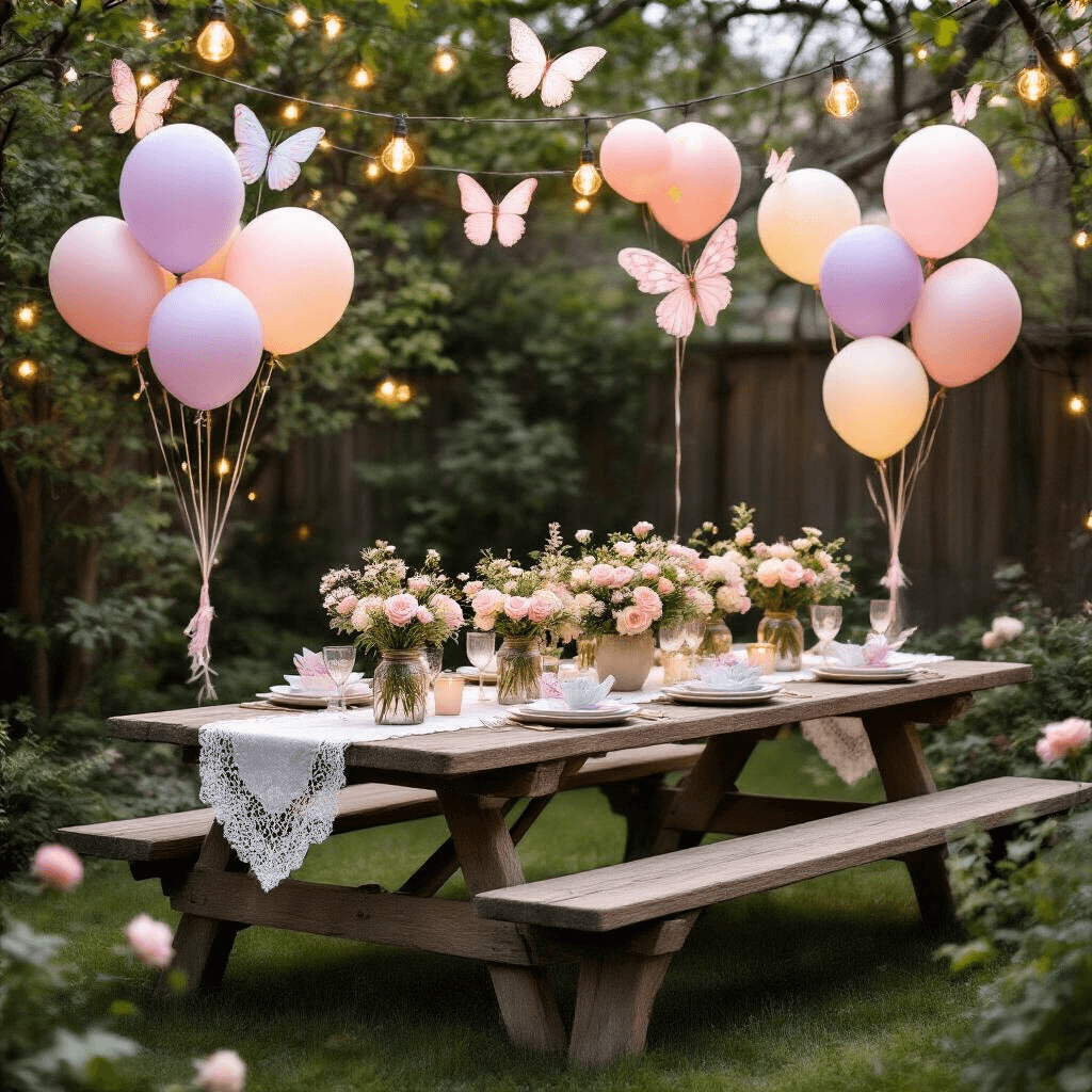 A whimsical backyard Mother's Day party setup featuring a rustic picnic table with vintage lace runners, mason jar centerpieces of roses and baby's breath, pastel butterfly balloons, warm string lights, and a cozy atmosphere enhanced by candles and vintage china.