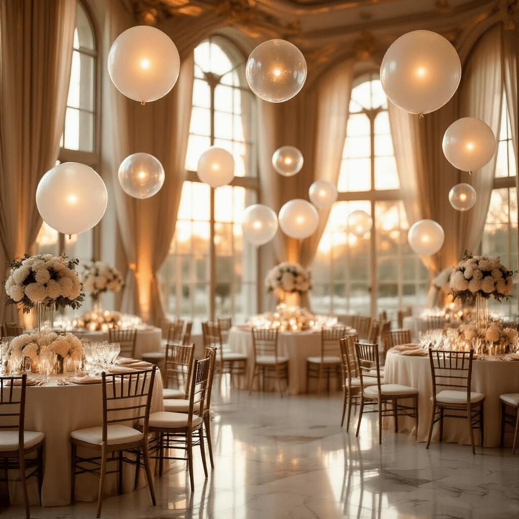 A luxurious indoor ballroom during golden hour, filled with clusters of translucent bubble balloons glowing with warm white LED lights, soft sunlight streaming through tall windows, round tables dressed in ivory silk and adorned with blush pink napkins, crystal glassware, and low floral centerpieces, all complemented by gold chiavari chairs, creating an ethereal ambiance perfect for a wedding reception.
