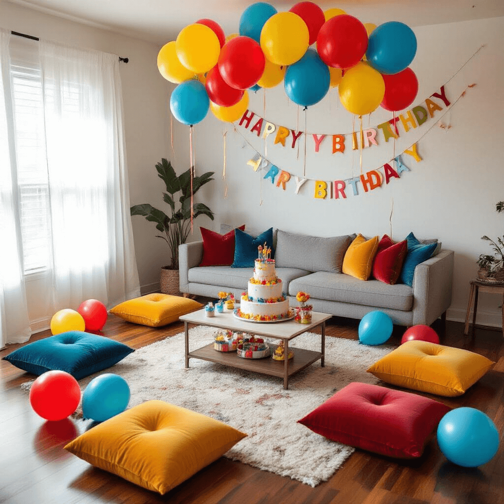 An overhead flat-lay view of a cozy living room decorated for a child's birthday, featuring colorful LED balloons in bright red, sunny yellow, and ocean blue scattered on the hardwood floors, a three-tiered birthday cake on a low coffee table, matching velvet floor cushions, streamers, and personalized banners, all illuminated by soft morning light.