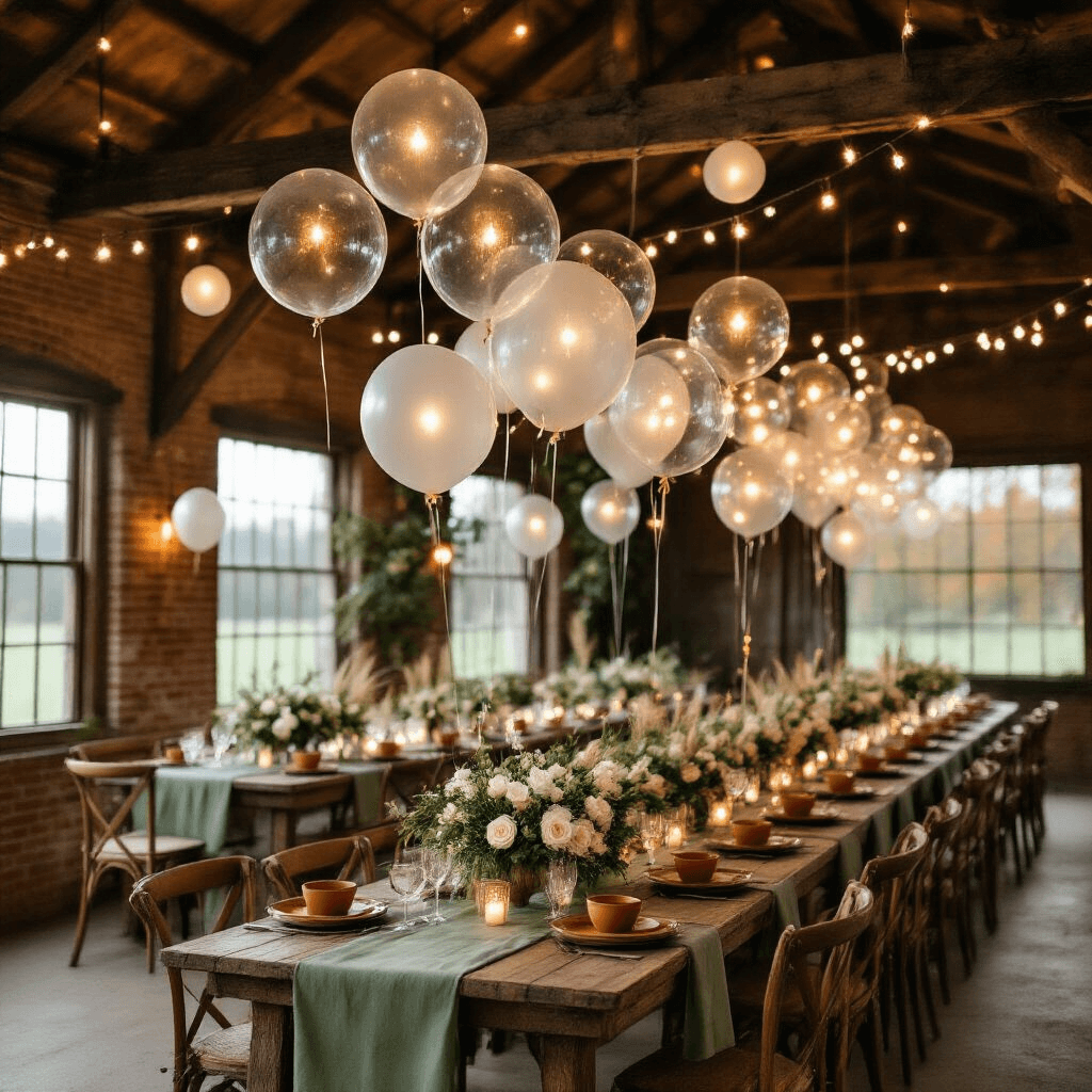 A moody evening shot of a rustic barn venue featuring bubble balloons with twinkling lights, weathered wooden beams, long farm tables with sage green linens and terracotta ceramics, and wild floral arrangements, all illuminated by vintage string lights for an enchanted atmosphere.