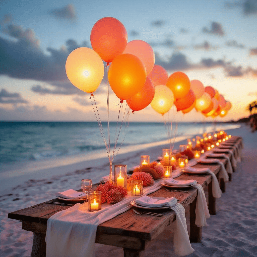 Close-up of a beachfront celebration at sunset with glowing coral, peach, and amber LED balloons, weathered wooden tables adorned with ivory linen runners, coral centerpieces, and lanterns, creating a romantic tropical atmosphere.