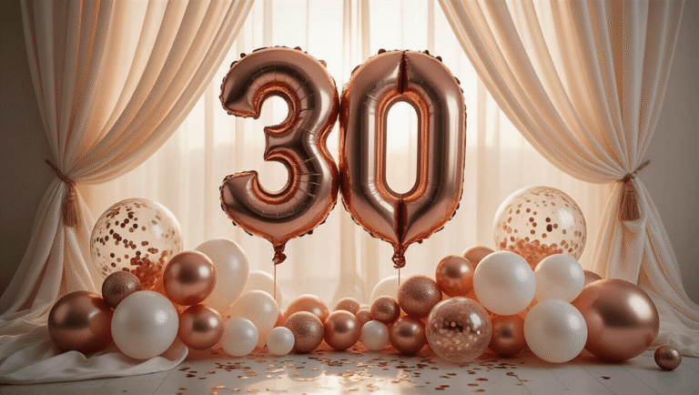 A close-up of towering rose gold "30" mylar balloons against an ivory silk backdrop, with soft golden hour lighting, textured confetti-filled clear balloons, and an organic champagne and white balloon garland, creating a luxurious party atmosphere.