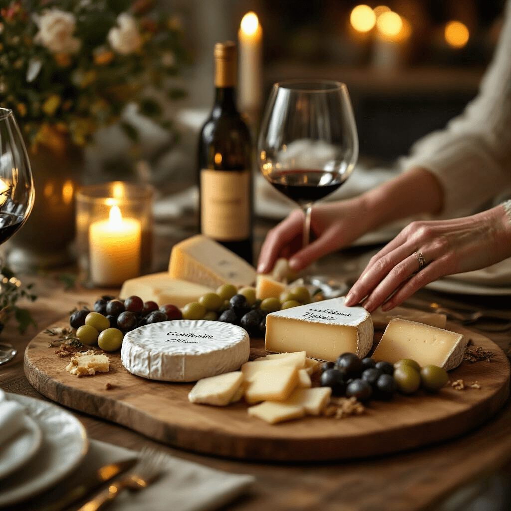 A warmly lit dining area featuring an elegantly arranged cheese board with artisan olive oils and personalized labels, complemented by vintage wine glasses, soft candlelight, and a muted sage and gold color palette, as a mother-in-law’s hands gently touch a handcrafted wooden serving board, evoking an intimate dinner party atmosphere.