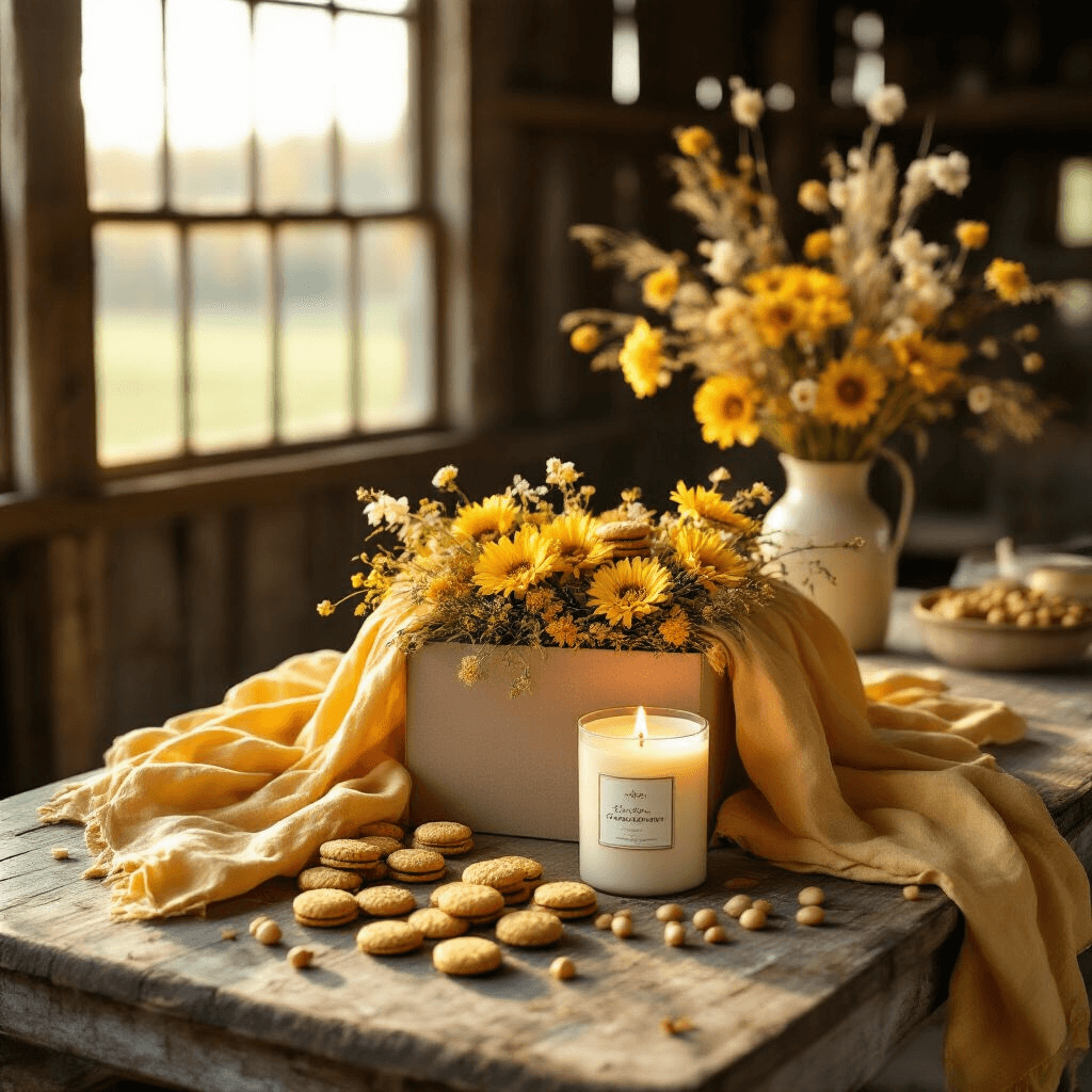 A cozy golden hour scene in a rustic barn showcasing a 'Box of Sunshine' arrangement on a distressed wooden table, featuring soft yellow linens, scattered golden Oreos, a vanilla candle, and honey roasted peanuts, illuminated by warm sunlight streaming through weathered windows.
