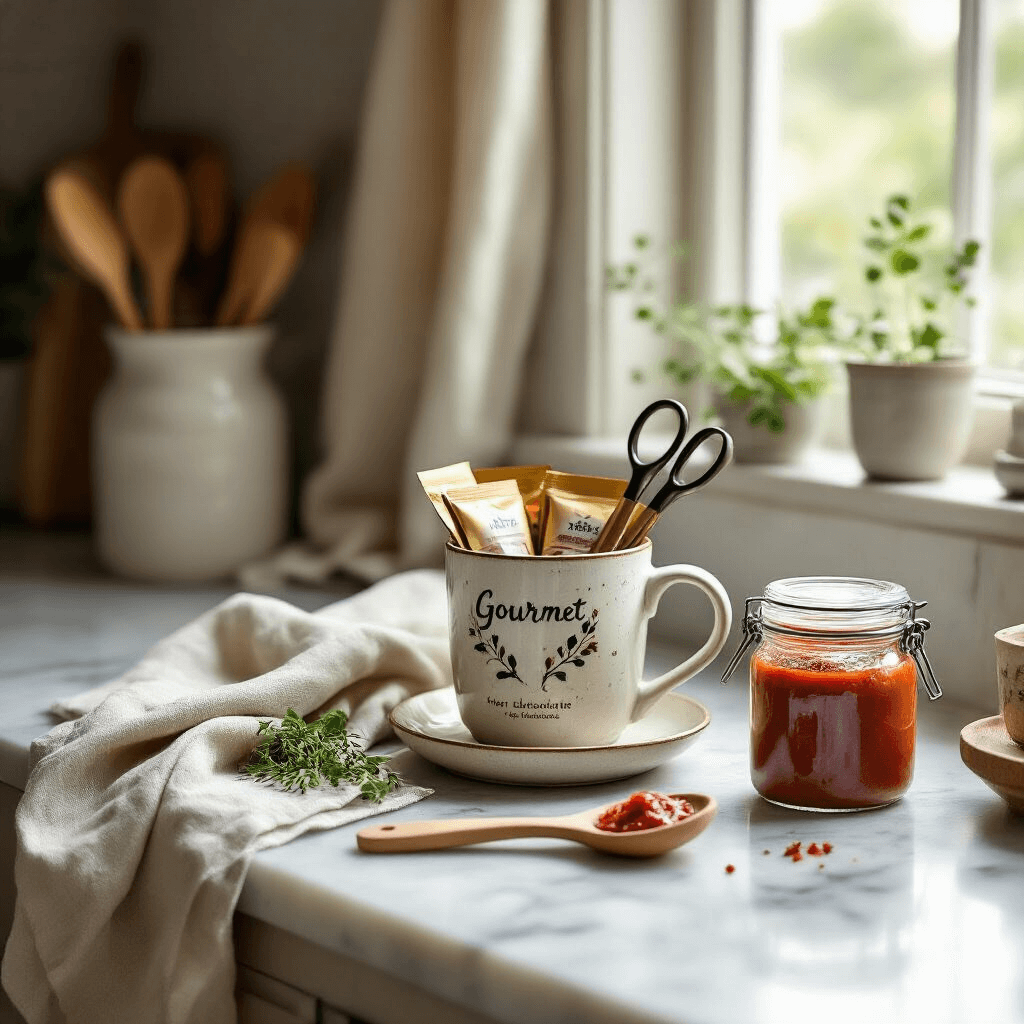 An intimate kitchen nook featuring a marble countertop adorned with a decorative ceramic mug filled with gourmet hot chocolate packets, delicate herb scissors, a hand-painted wooden spoon, and a small jar of artisan marinara sauce, all surrounded by soft linen napkins and bathed in gentle morning light.