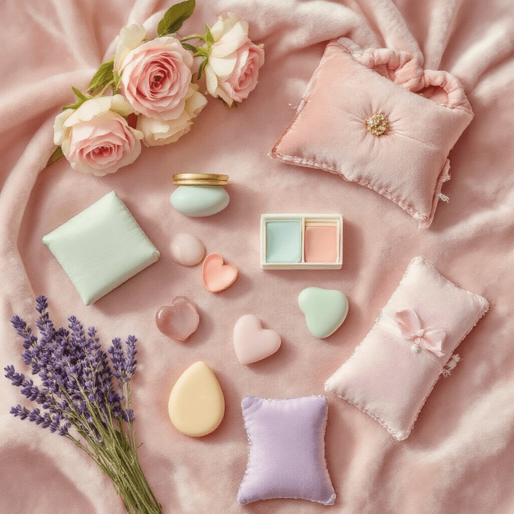 A luxurious flat lay of beauty and self-care mini gifts on a blush pink velvet surface, including a gua sha tool, a pastel hand cream set, a lavender eye pillow, and assorted tinted lip balms, arranged with artistic precision under soft side lighting.