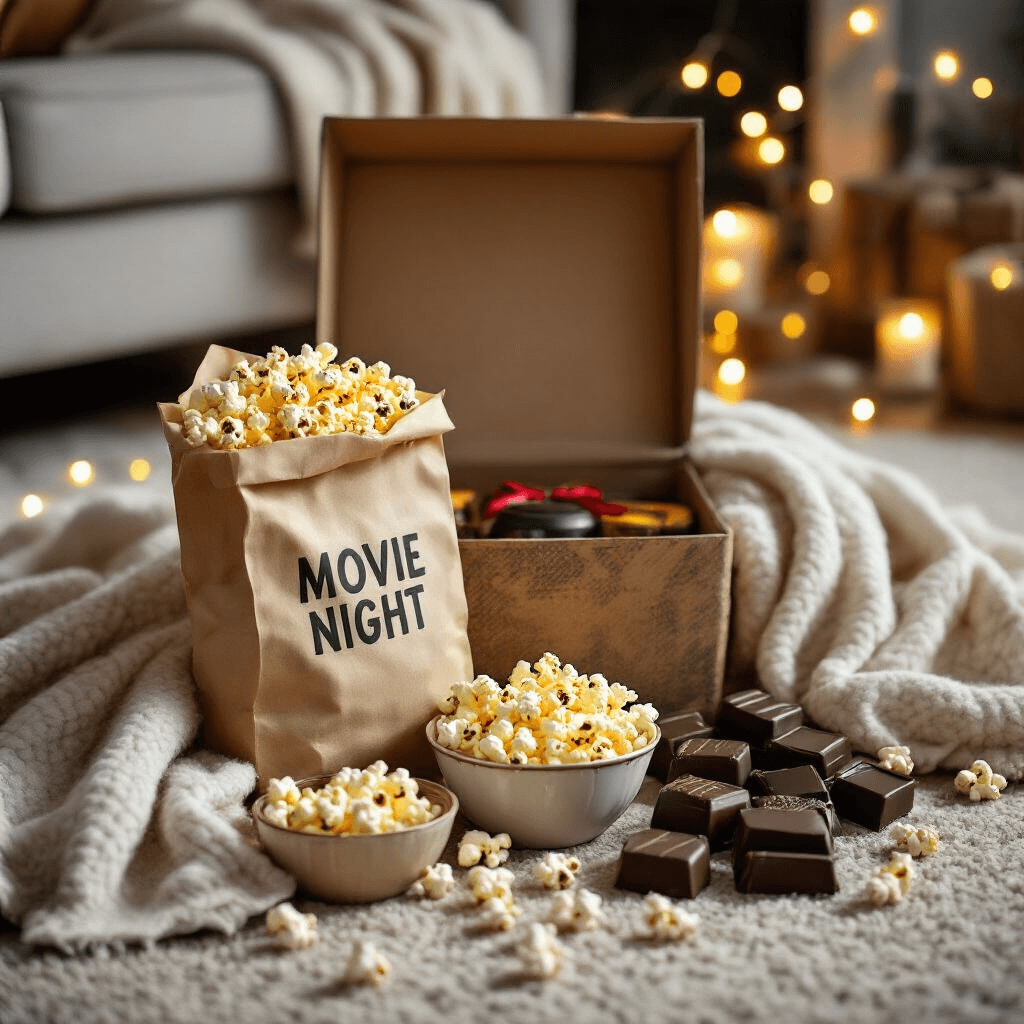 A cozy living room scene featuring a whimsical 'Movie Night' gift box, surrounded by a soft throw blanket, vintage paper bag of gourmet popcorn, artisan chocolates, and twinkling string lights, captured from an overhead angle showcasing the inviting arrangement and textures.
