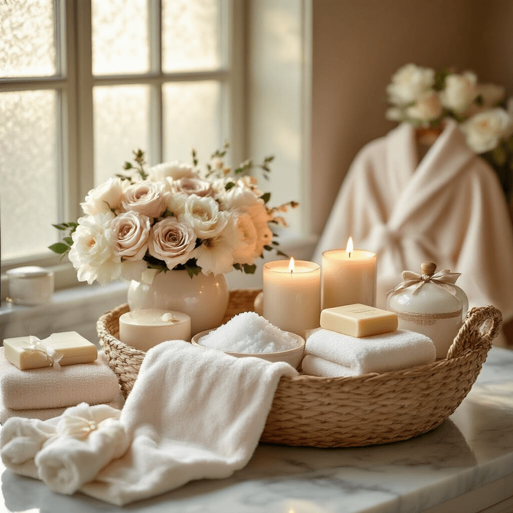 A luxurious spa-themed gift basket on a marble bathroom countertop, featuring bath salts, silk robes, scented candles, and soap flower bouquets in a muted blush and cream palette, with ivory towels and soft golden hour light filtering through frosted windows.