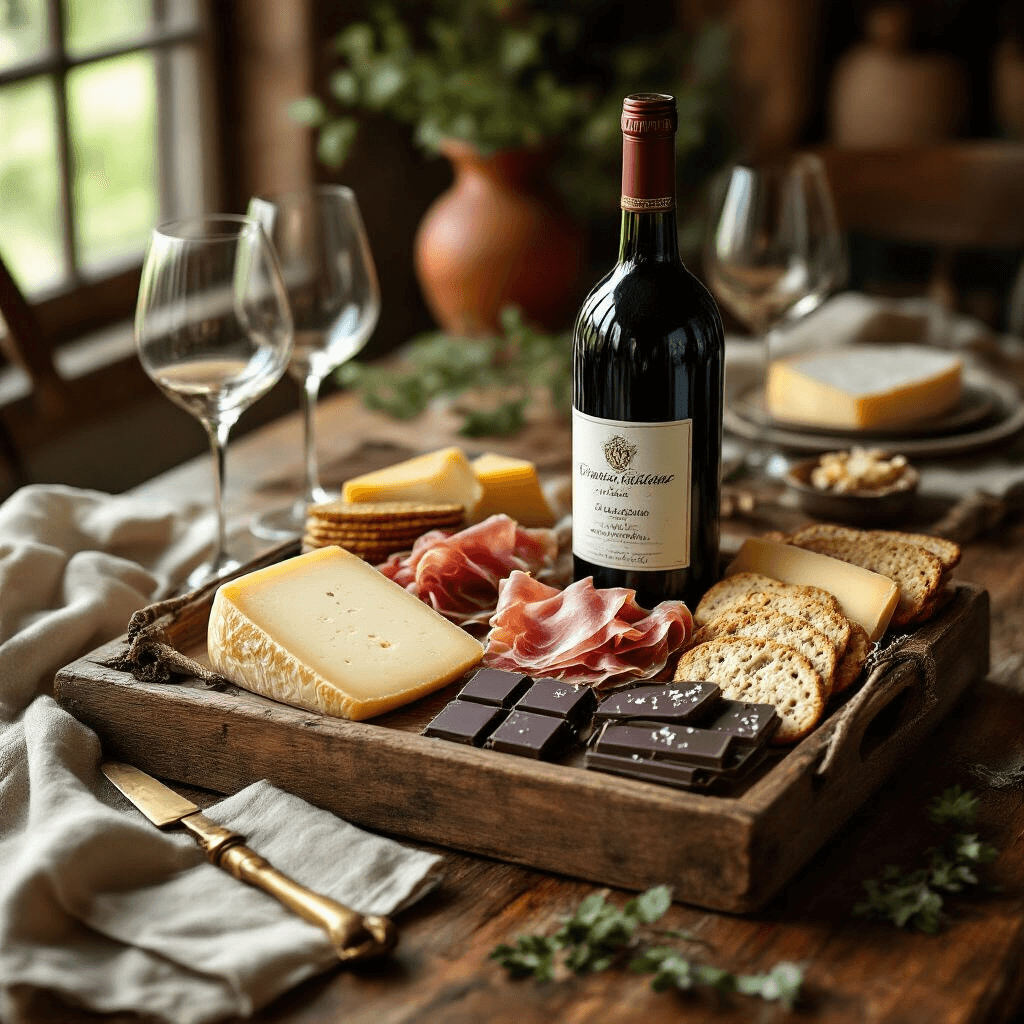 A gourmet wine and cheese gift basket featuring aged gouda, brie, prosciutto, dark chocolate, and a bottle of artisan wine, arranged on a rustic wooden table with soft natural light, alongside a vintage cheese knife, recipe card, gourmet crackers, linen napkins, and elegant wine glasses in warm terracotta and sage hues.
