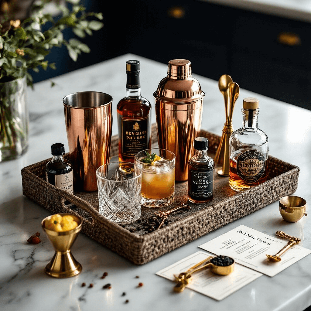 A beautifully arranged DIY cocktail mixology gift basket on a modern marble kitchen island, featuring premium spirits, a copper cocktail shaker, artisan bitters, and hand-crafted syrups, all illuminated by soft ambient lighting, with elegant crystal glassware and gold bar tools, captured from a moody overhead angle in a deep navy and gold color scheme.