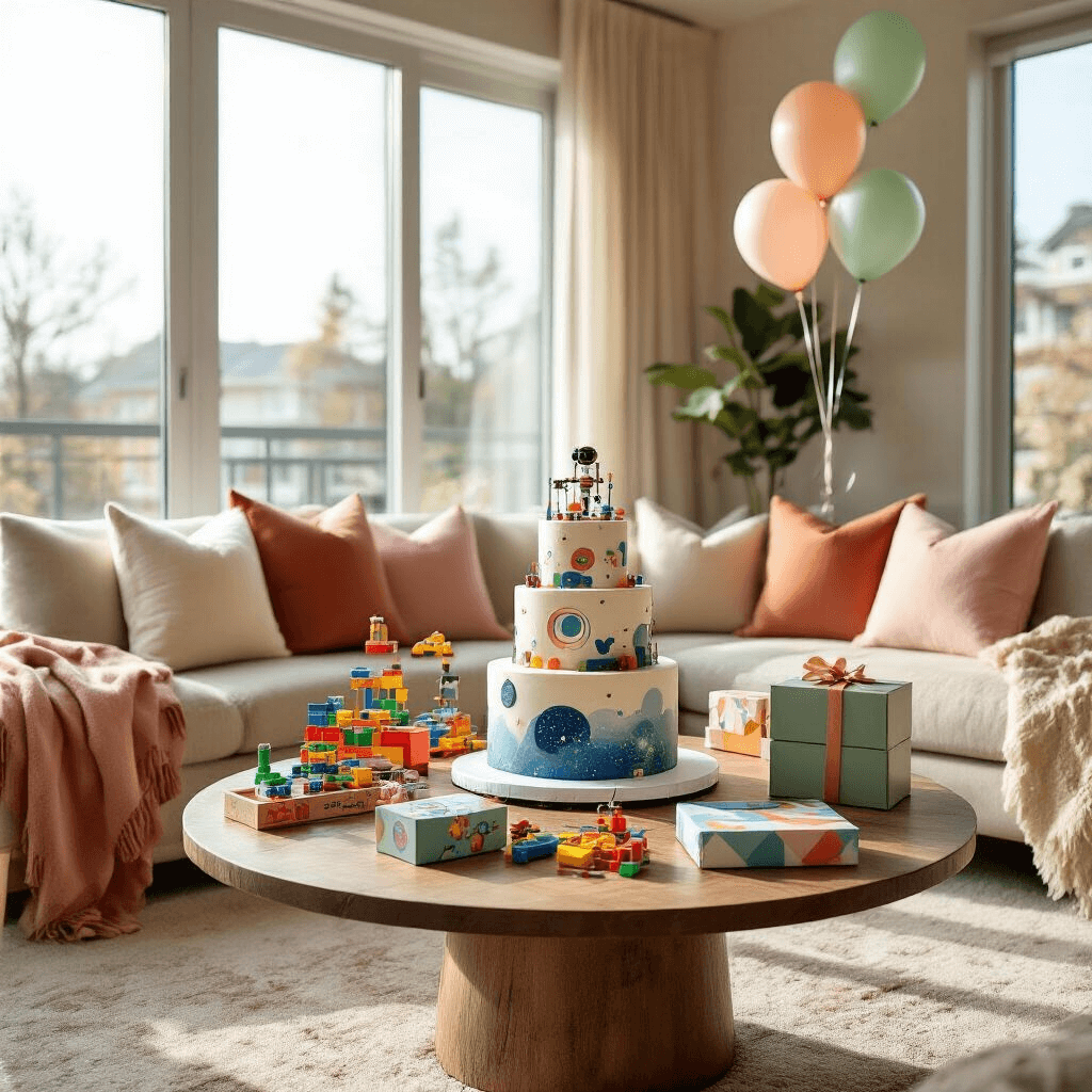 Photorealistic wide-angle shot of a modern apartment living room decorated for an intimate birthday celebration, featuring a round coffee table with STEM gifts, a space-themed cake, elegant gift boxes, plush seating with silk pillows, muted pastel balloons, and natural centerpieces of eucalyptus and succulents.