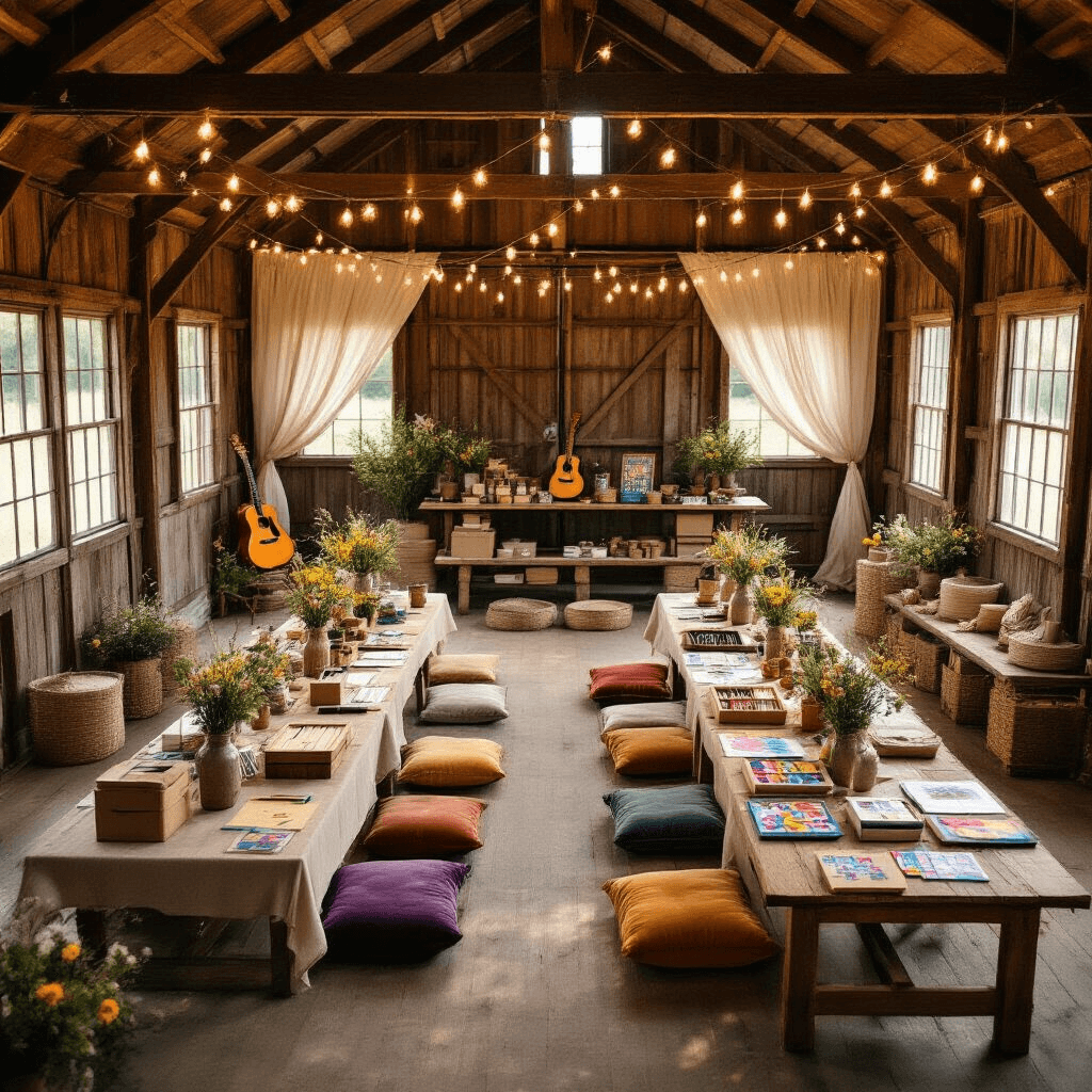 Cinematic overhead view of a rustic barn decorated for a creative arts and crafts birthday party, featuring long wooden tables with DIY gift stations, vintage ceramic containers, string lights, mason jar centerpieces with wildflowers, and cozy velvet floor cushions, all bathed in golden hour sunlight.