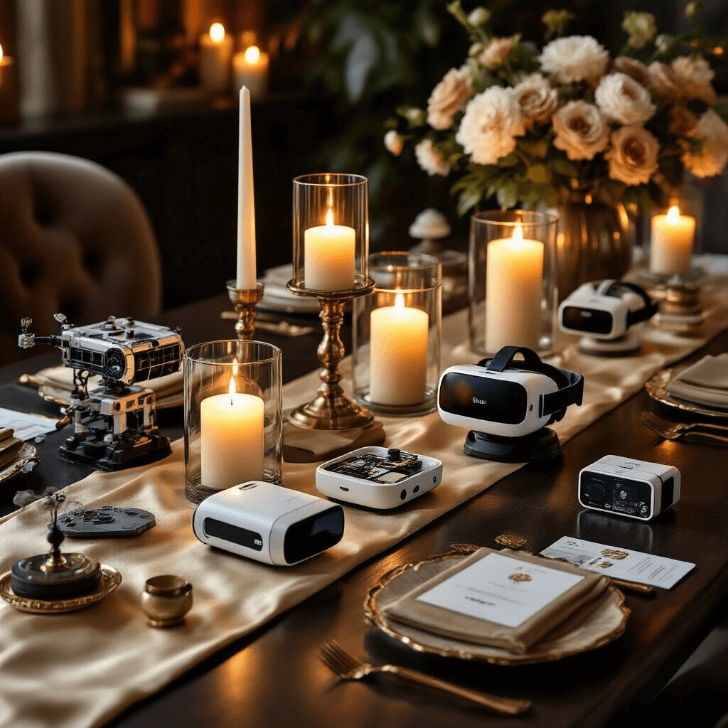 Moody candlelit dining nook featuring a dark wood table elegantly styled with premium STEM gifts and ambient lighting from pillar candles, creating an upscale atmosphere for a sophisticated gift reveal party.