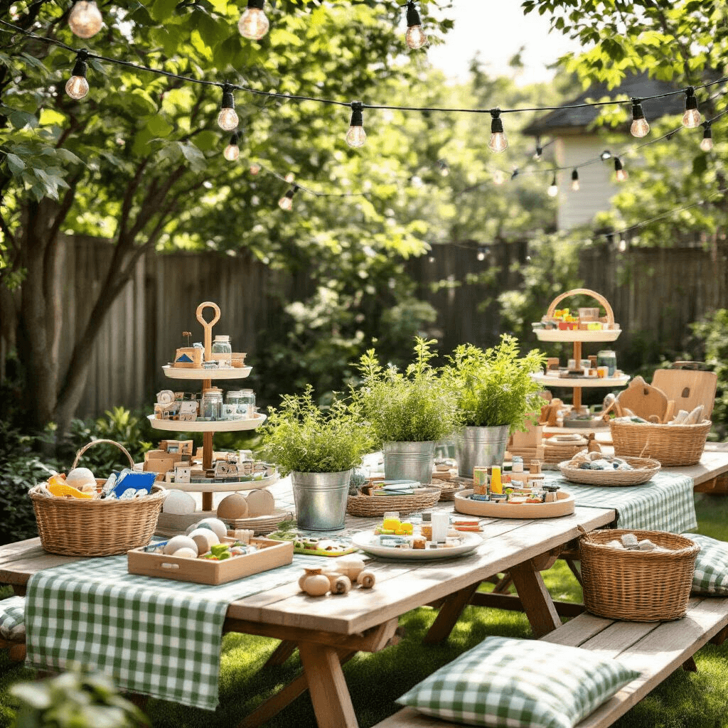 A stylish backyard garden party setup featuring picnic-style arrangements with sports equipment, building toys, and art supplies, complemented by fresh herb centerpieces and string lights, highlighting active and creative outdoor gifts.