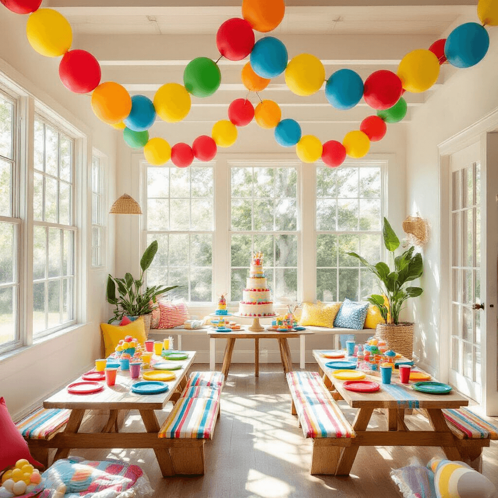 Photorealistic overhead flat lay of a whimsical children's birthday party in a bright living room, featuring a vibrant balloon garland, low picnic tables with rainbow linens, colorful party supplies, a rustic cake stand, and natural sunlight enhancing the festive atmosphere.