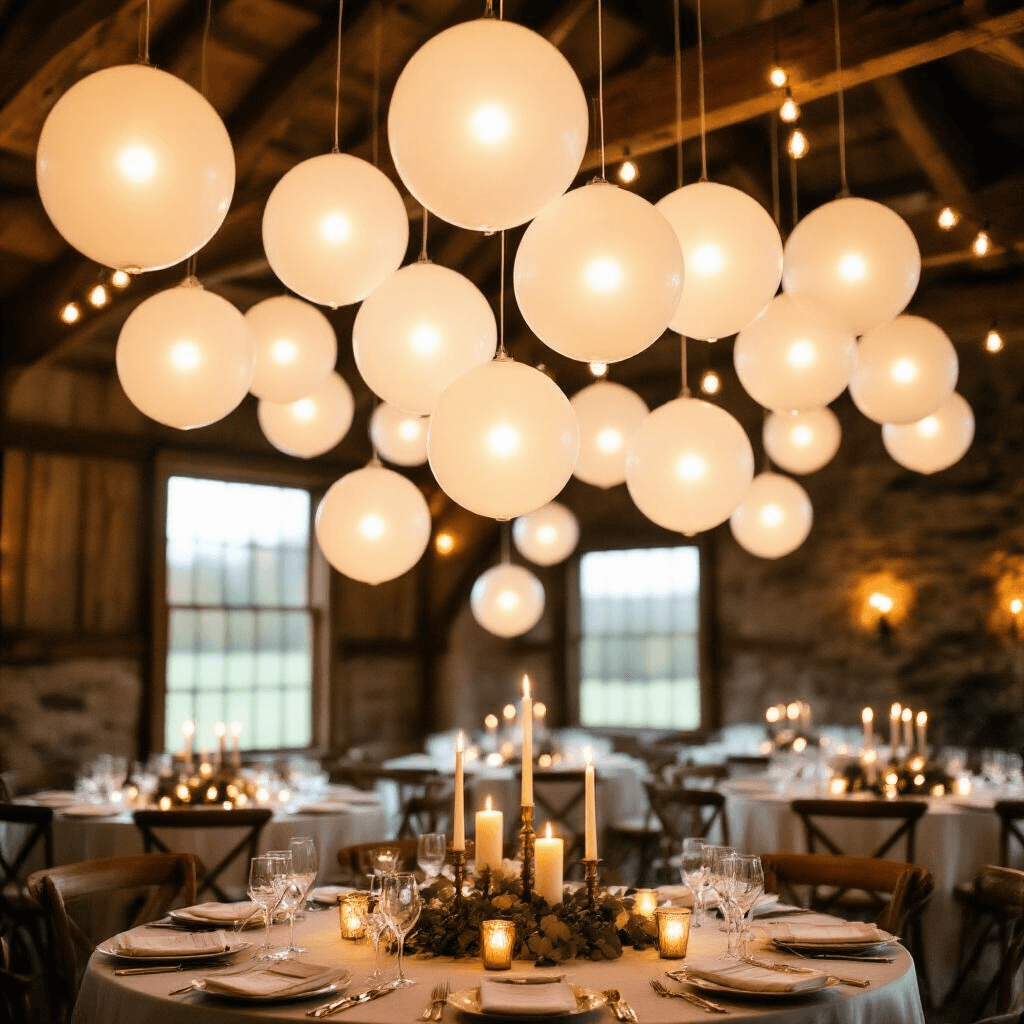 Close-up of an illuminated balloon ceiling installation at a rustic barn wedding reception, featuring clear and white balloons with warm LED lights, elegant tables with lace linens and brass candlesticks, and a romantic, dreamy atmosphere created by soft amber lighting and flickering candle flames.